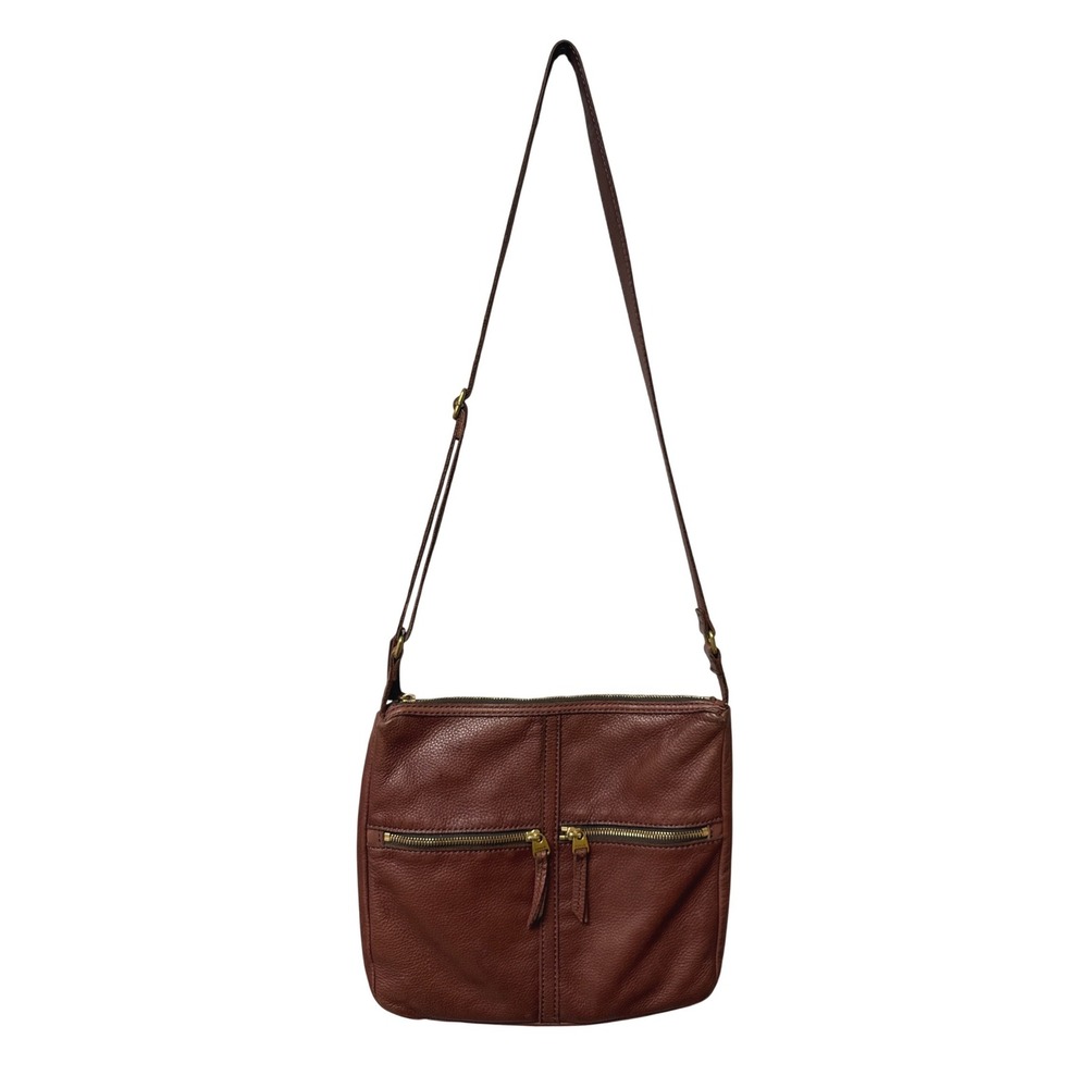 Fossil Crossbody Bag Women OS Brown Leather Pebbled Adjustable Strap MultiPocket